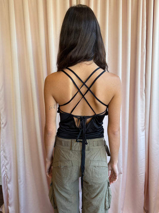 Patrizia Pepe Black Studded V Neck Cross Back Cami Top