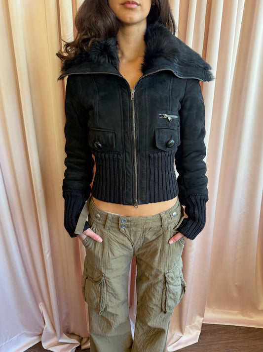 Patrizia Pepe Black Shearling Fur Cropped Bomber Jacket