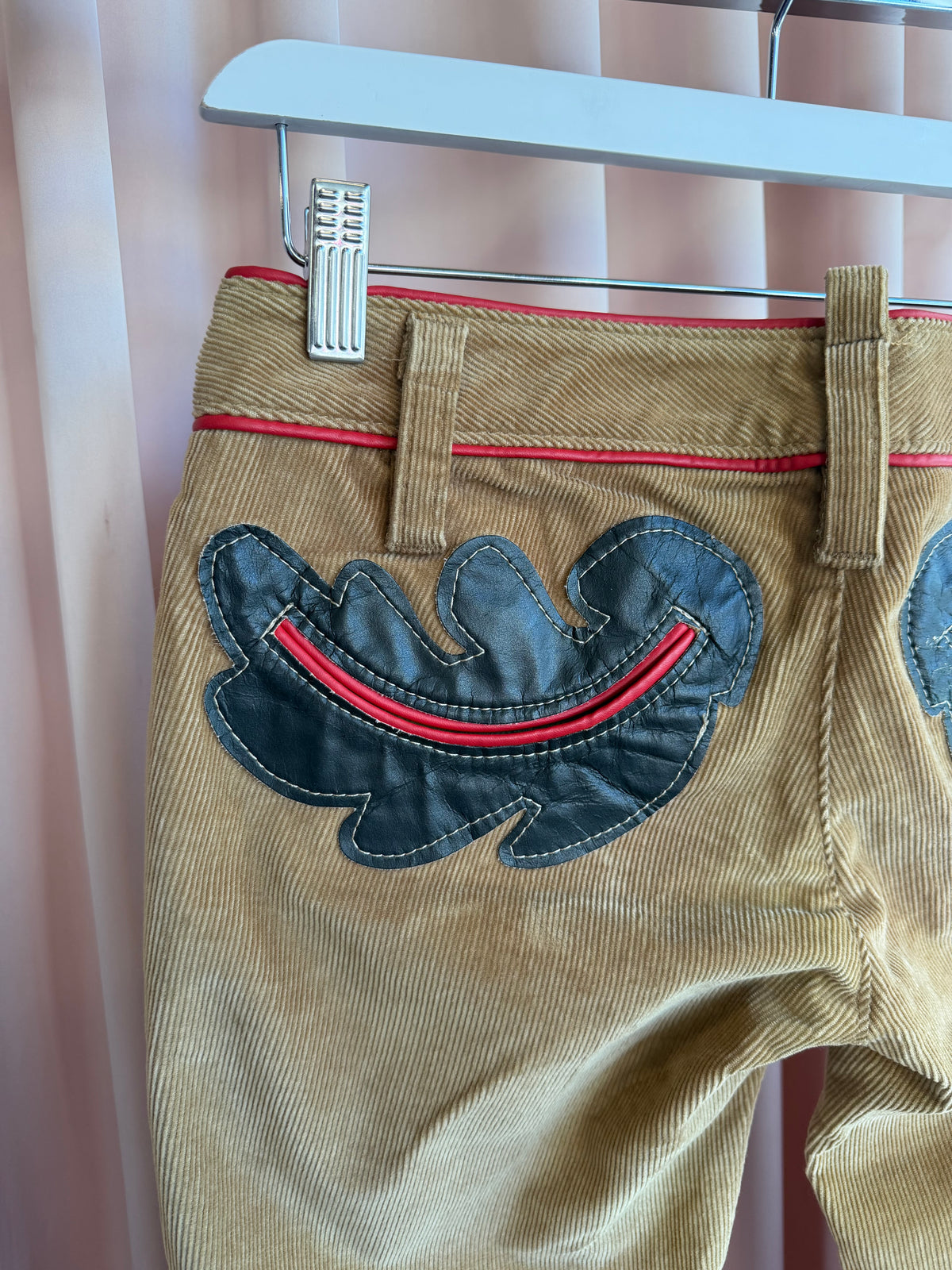 Dsquared² F/W 2004 Tan Corduroy Low Rise Flare Pants Leather Appliqué