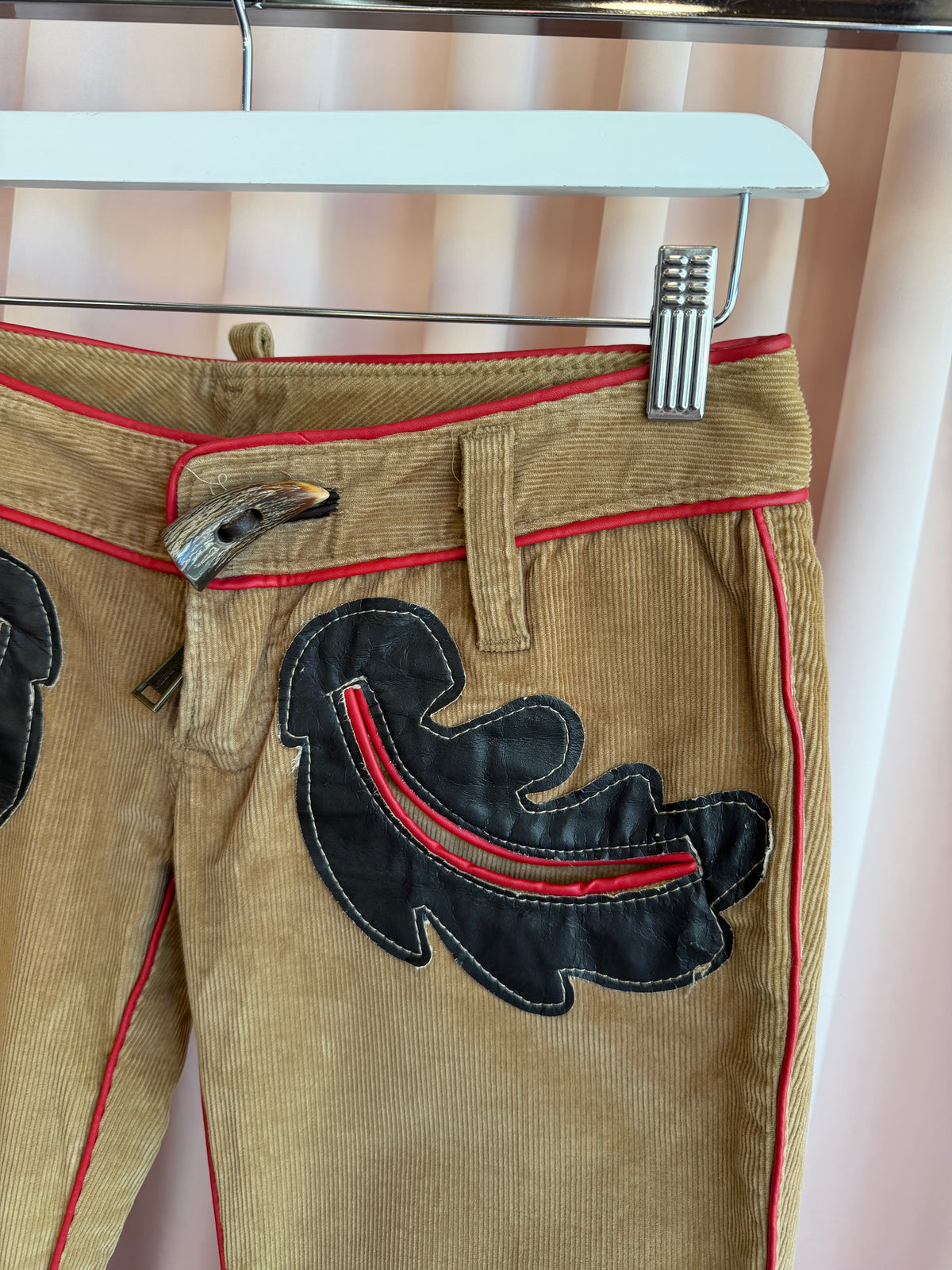 Dsquared² F/W 2004 Tan Corduroy Low Rise Flare Pants Leather Appliqué