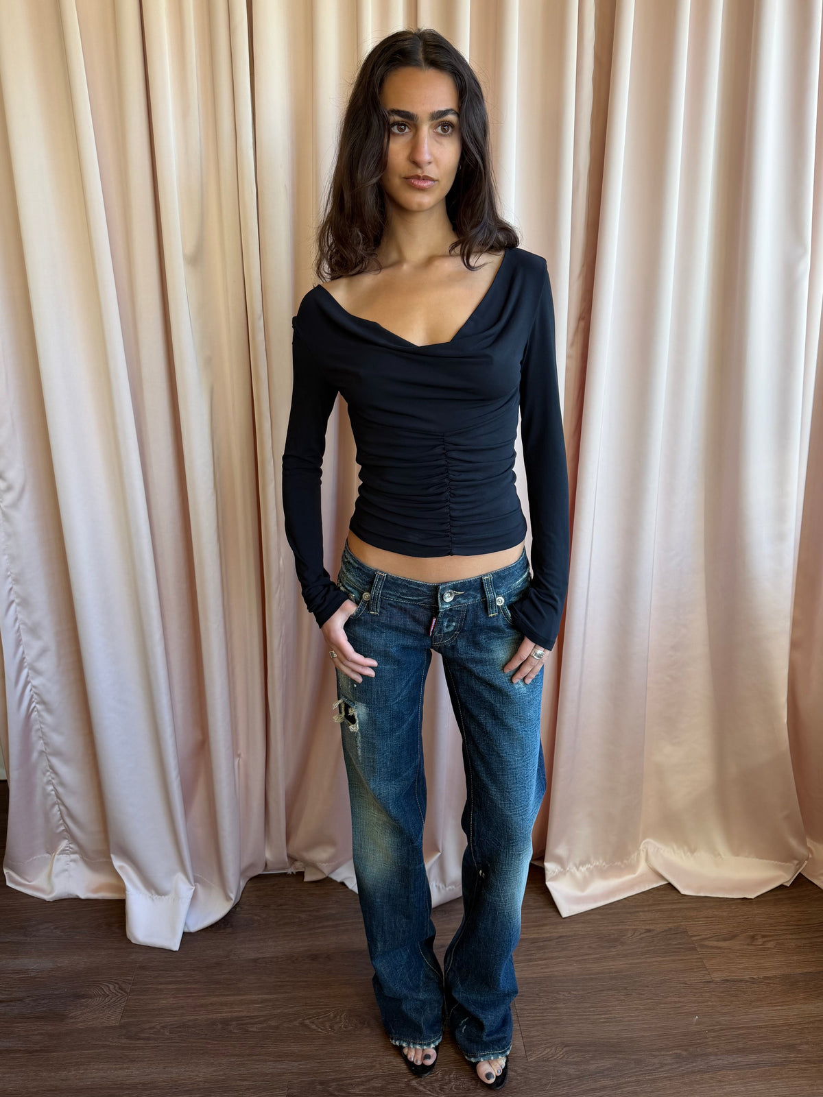 Versace Jeans Black Cowl Neck Lace Up Back Top