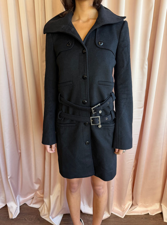 Patrizia Pepe Black Wool Single Breasted Double Belt Midi Coat