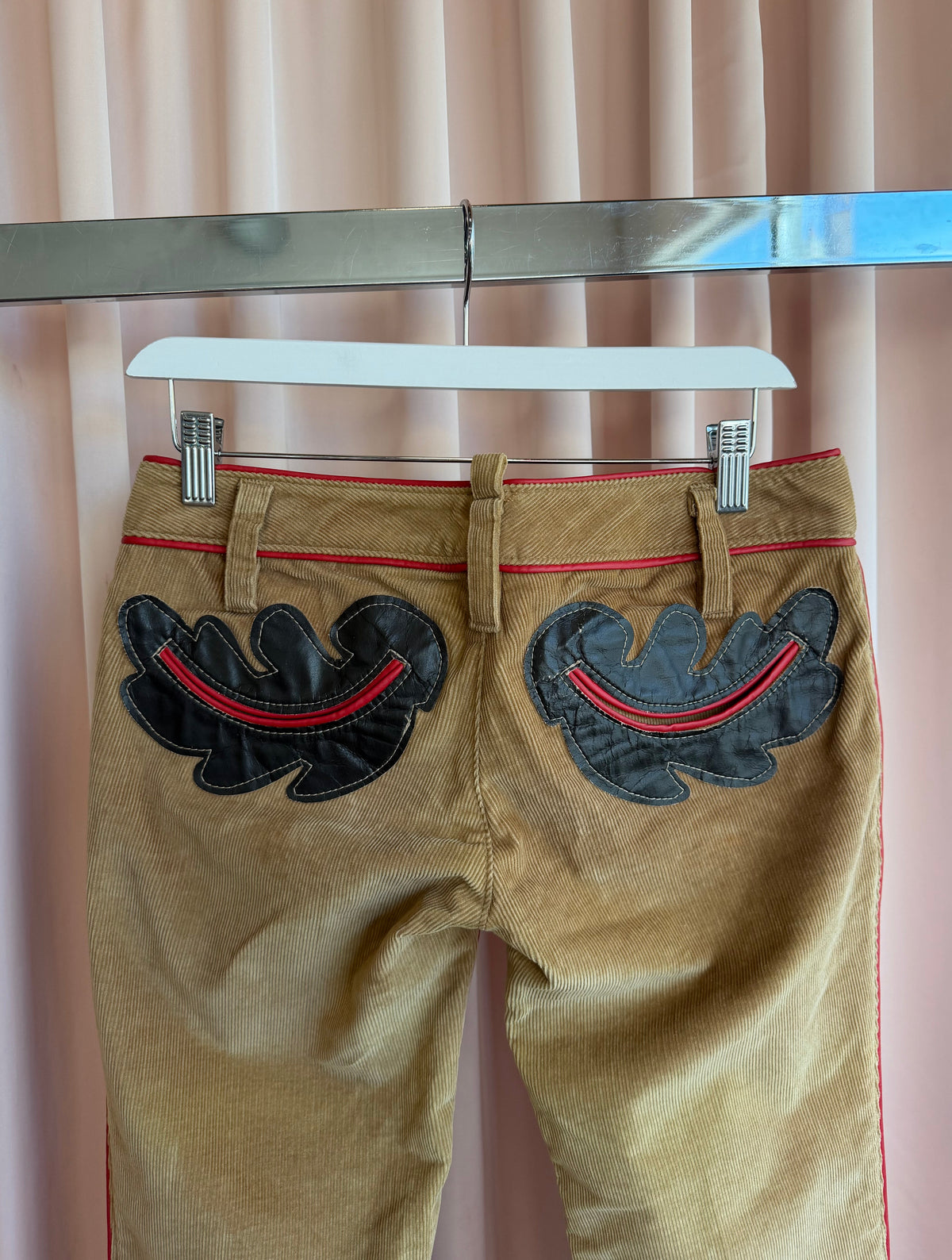 Dsquared² F/W 2004 Tan Corduroy Low Rise Flare Pants Leather Appliqué