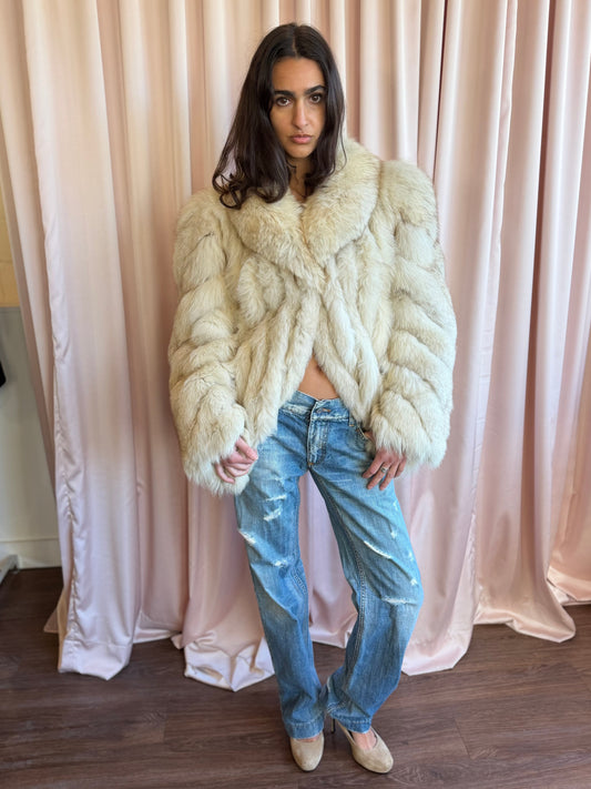 Vintage Cream Fox Fur Jacket Large Lapel Collar