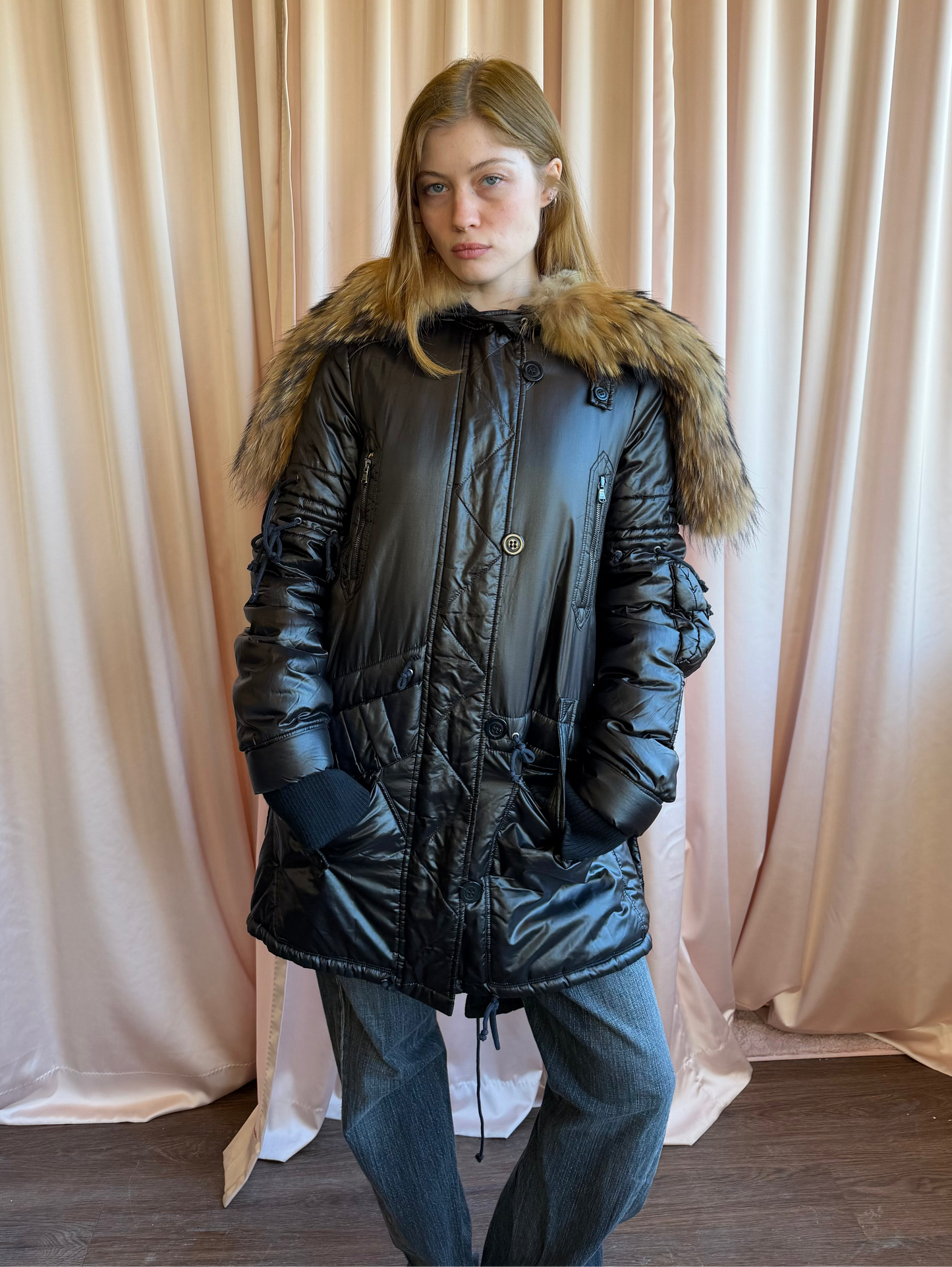 Antonio Berardi Black Down Parka Oversized Fur Hood Jacket