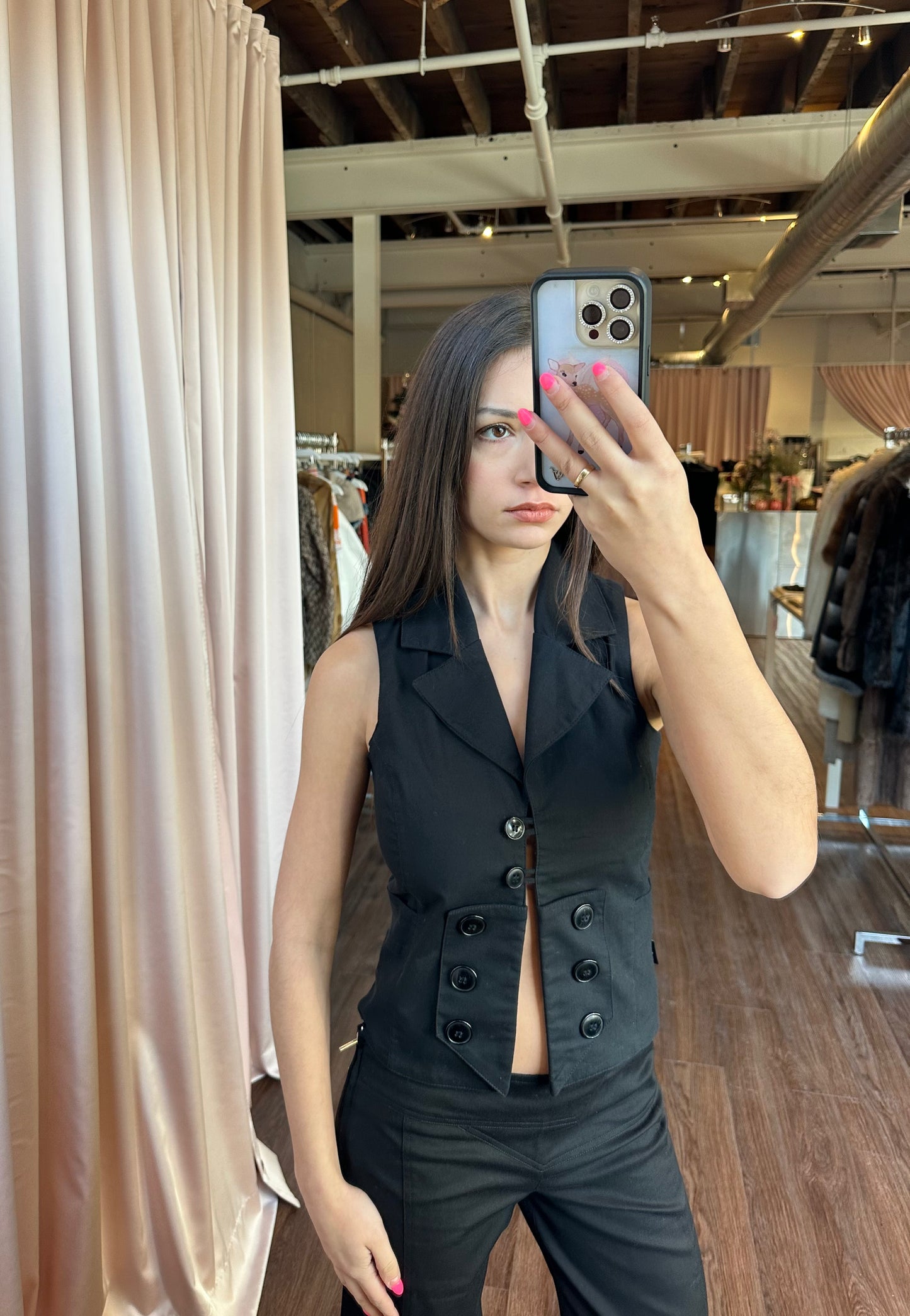 Black Double Breasted Vest Top