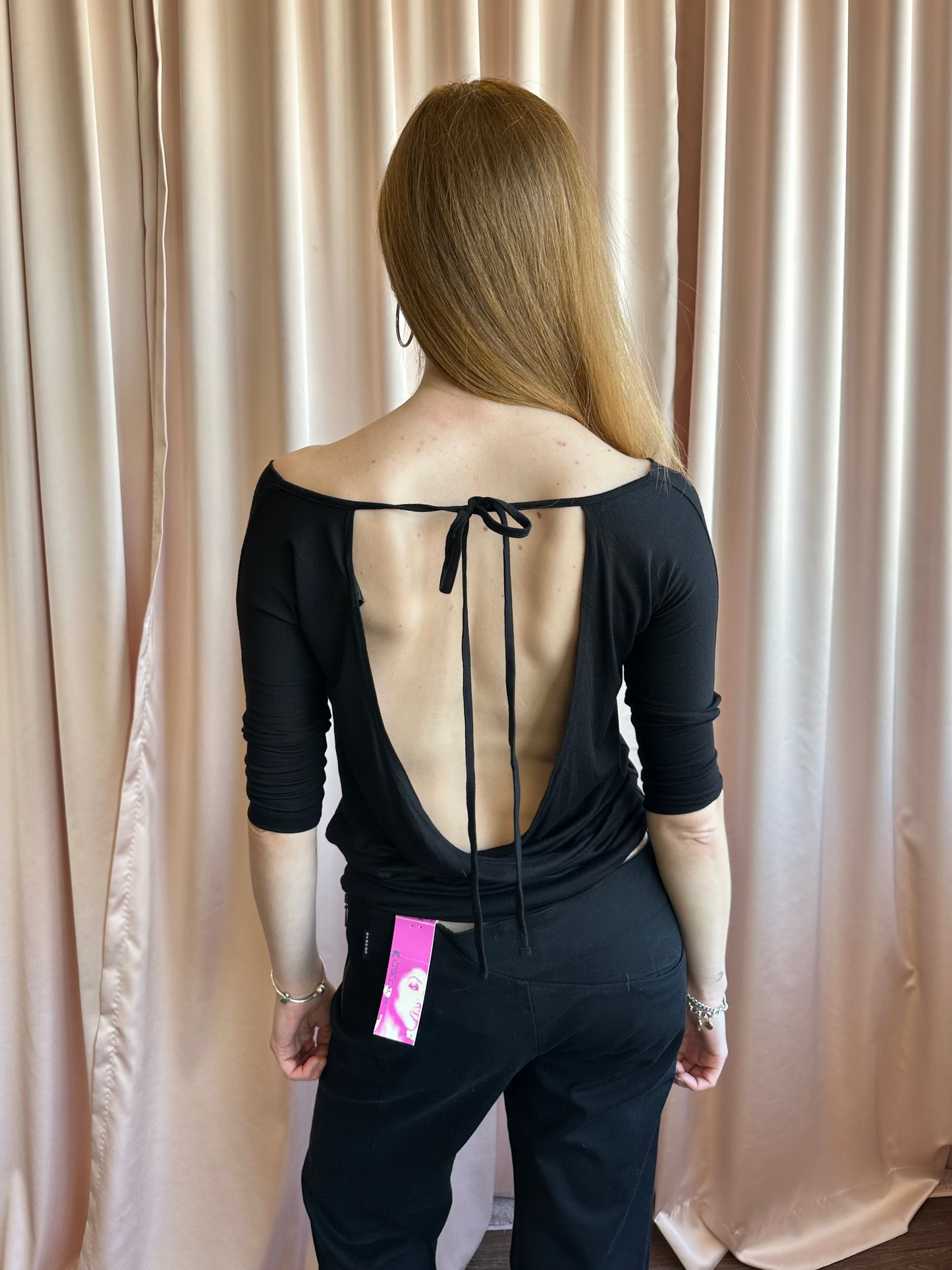 2000's Blue Off the Shoulder Tie Back Shirt