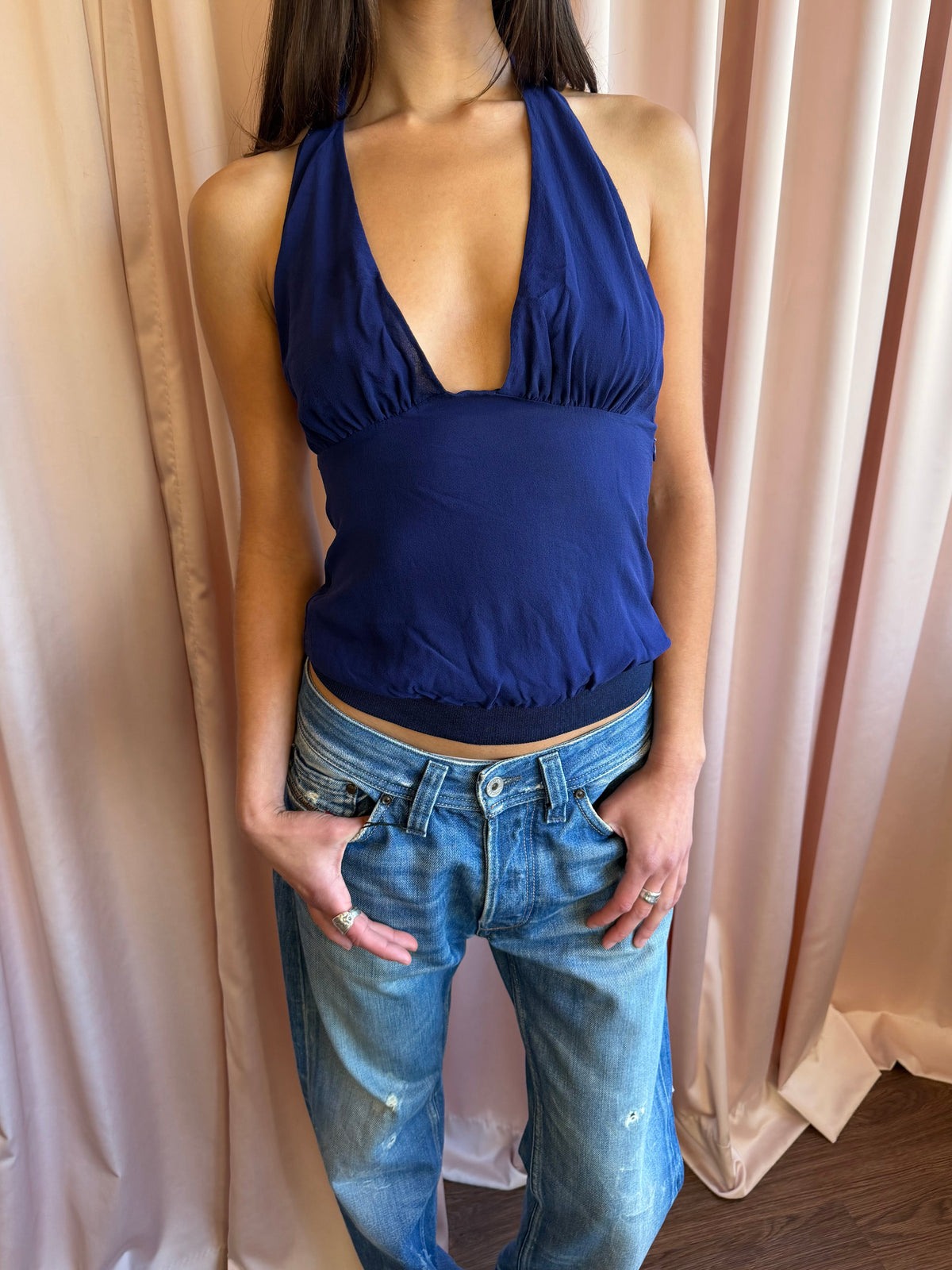 Costume National Navy Silk Deep V Halter Crop Top
