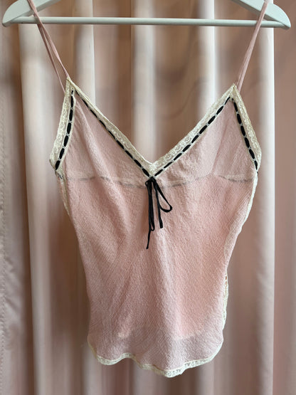 Early 2000's Prada Pink Silk Sheer Lace Trim Cami