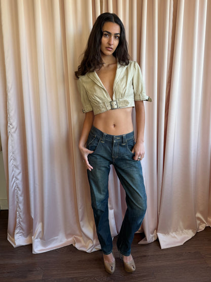 Paola Frani Cream Leather Cropped Short Sleeve Jacket