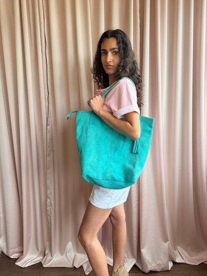 Italian Suede Teal Tote Bag