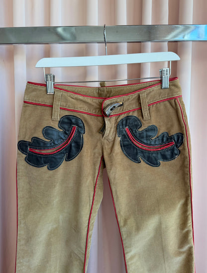 Dsquared² F/W 2004 Tan Corduroy Low Rise Flare Pants Leather Appliqué