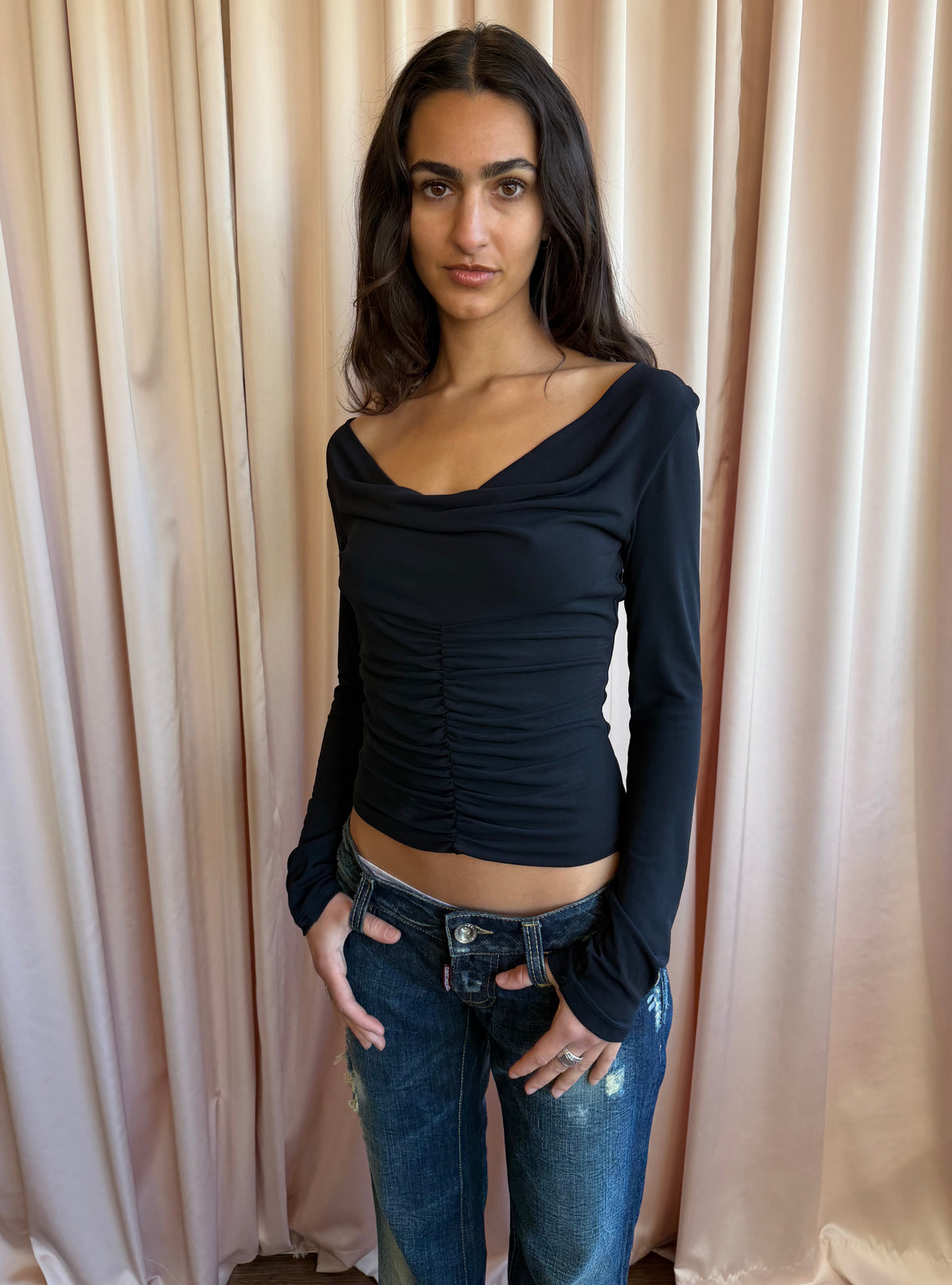 Versace Jeans Black Cowl Neck Lace Up Back Top