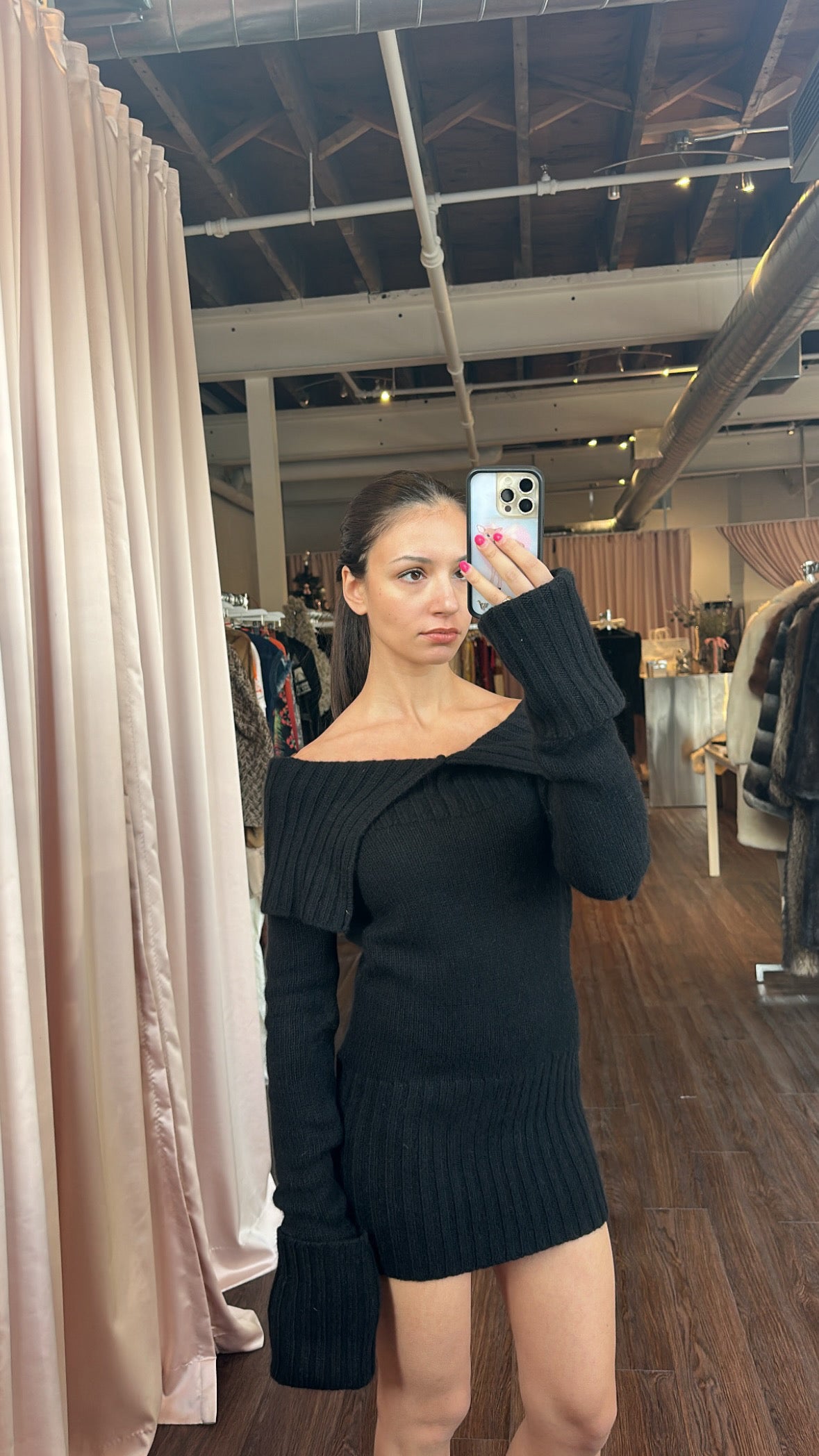 Black Knit Off The Shoulder Tunic