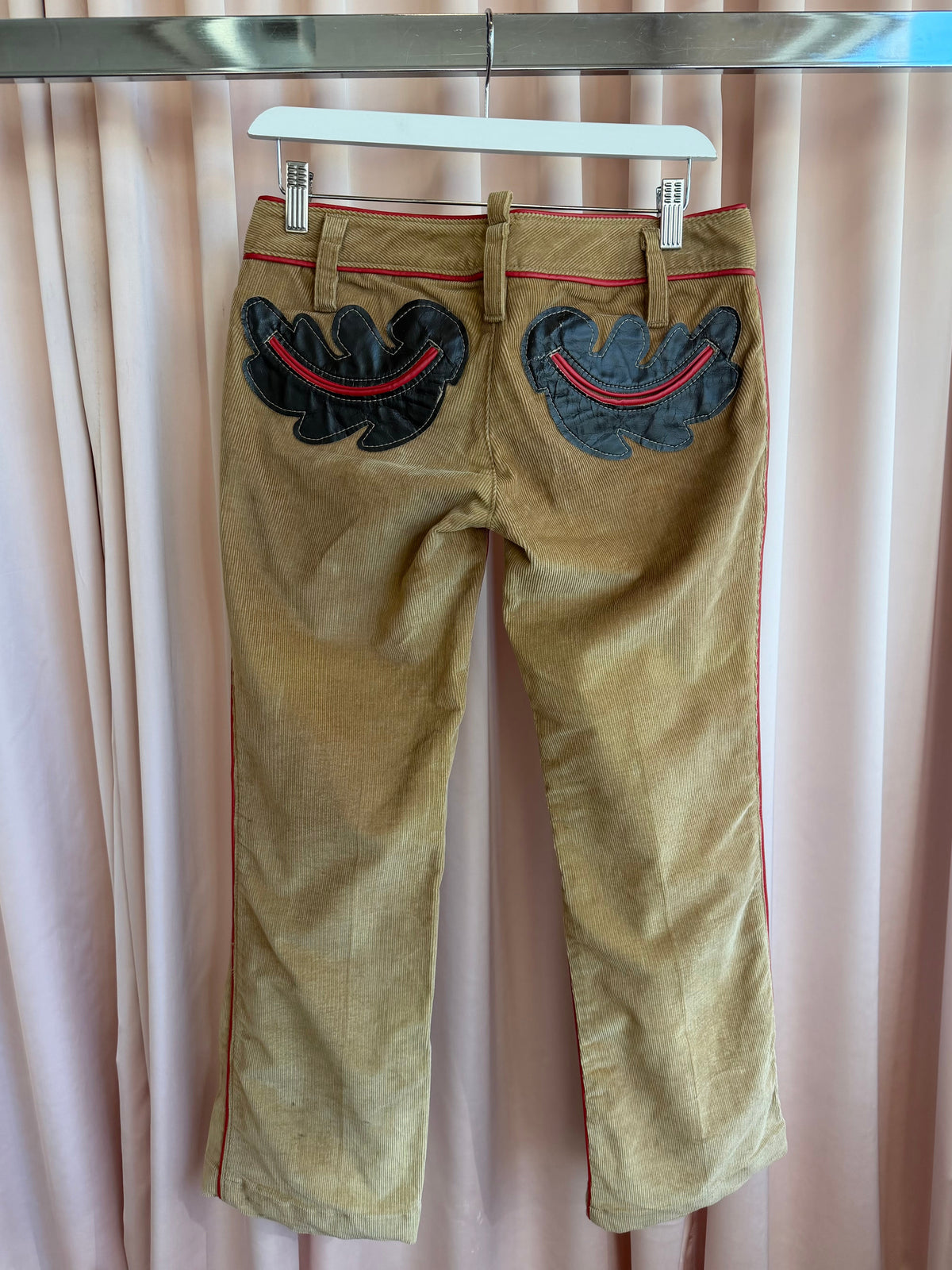 Dsquared² F/W 2004 Tan Corduroy Low Rise Flare Pants Leather Appliqué
