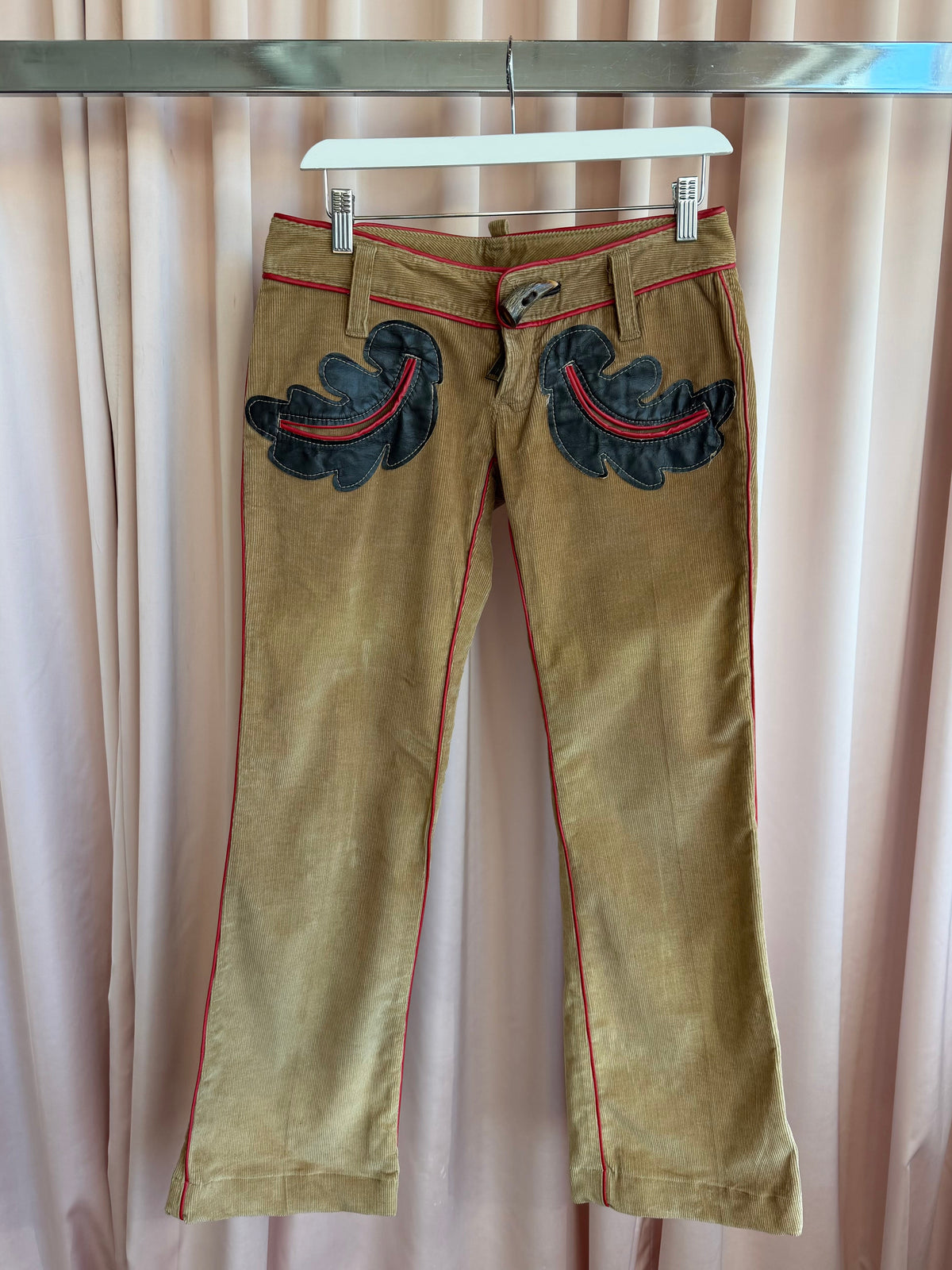Dsquared² F/W 2004 Tan Corduroy Low Rise Flare Pants Leather Appliqué