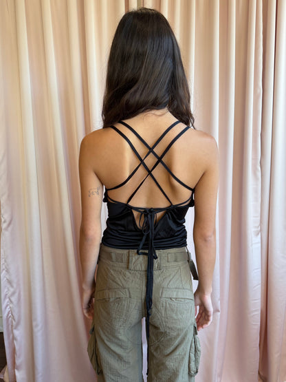 Patrizia Pepe Black Studded V Neck Cross Back Cami Top