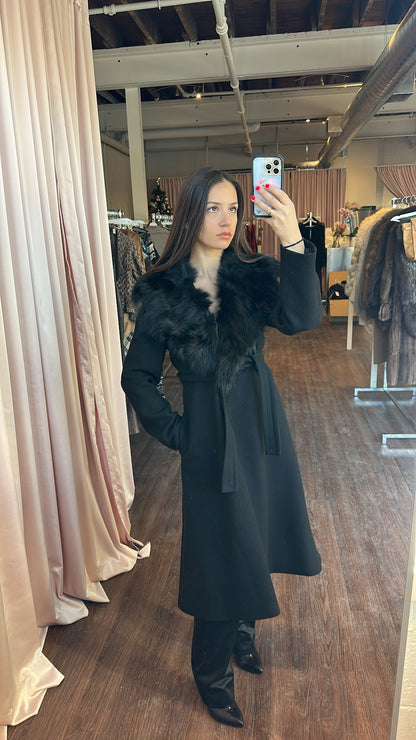 Axara Black Wool Coat with Rabbit Fur