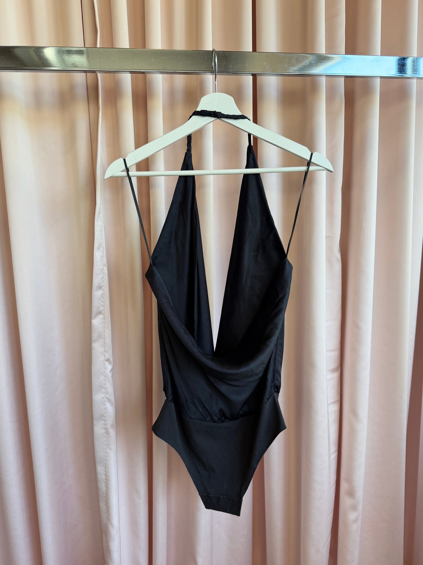 Black Silk Halter Bodysuit
