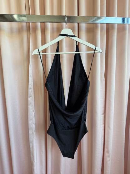 Black Silk Halter Bodysuit