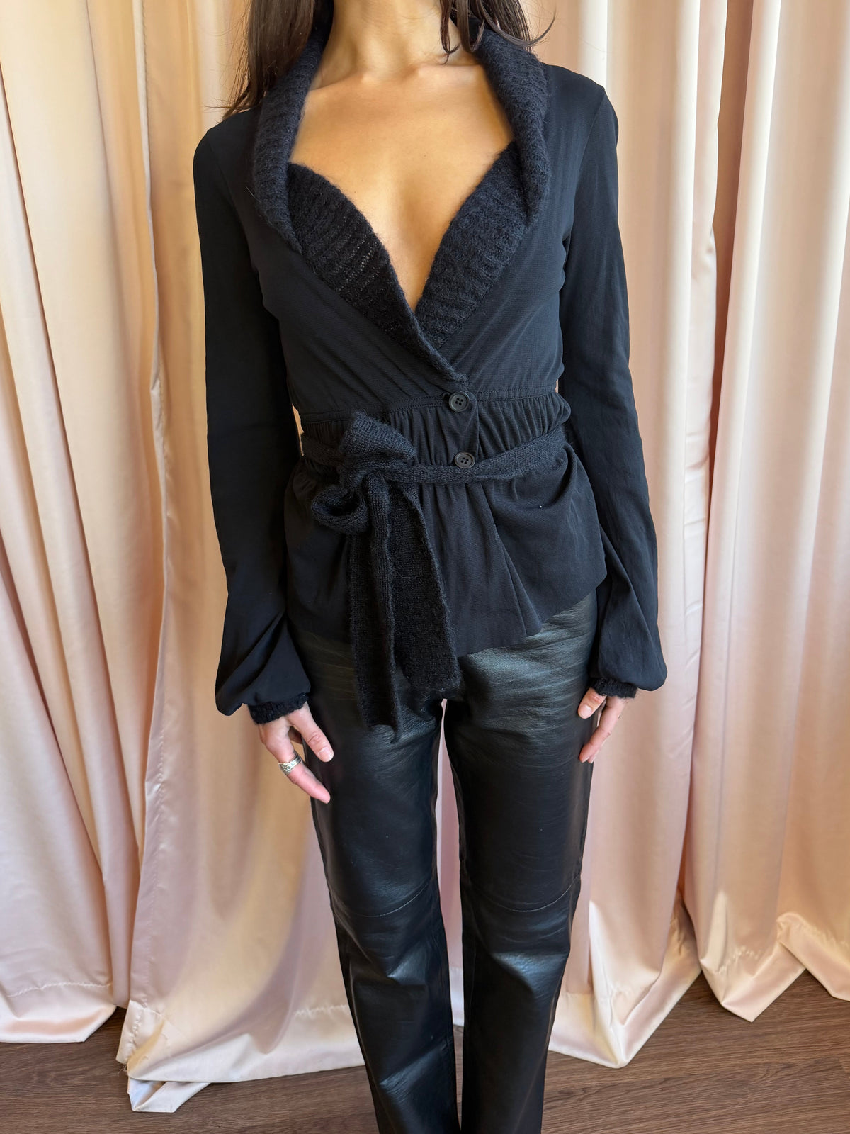 Paola Frani Black Mixed Media Knit Trim Belted Wrap Jacket