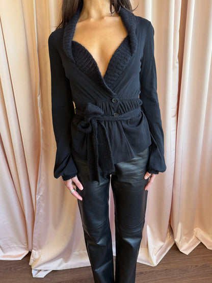 Paola Frani Black Mixed Media Knit Trim Belted Wrap Jacket