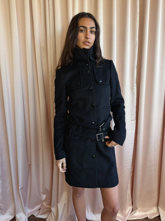 Patrizia Pepe Black Wool Single Breasted Double Belt Midi Coat