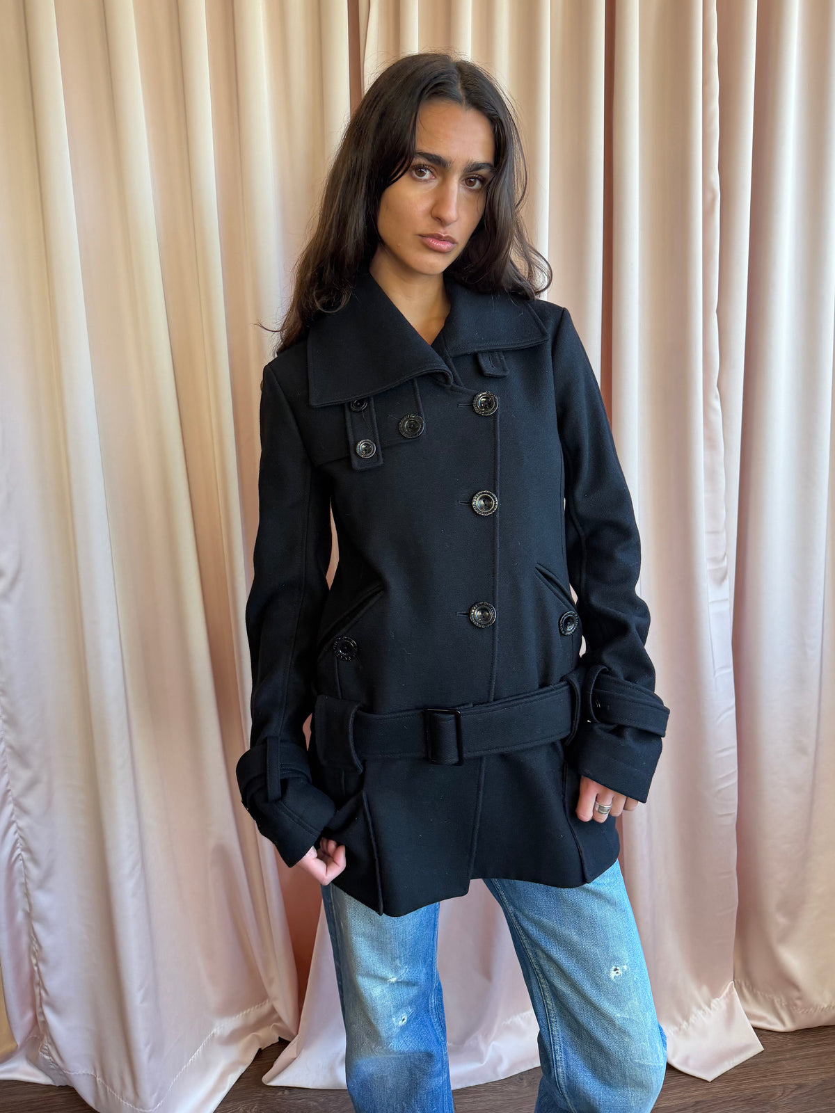Patrizia Pepe Black Wool Double Breasted Belted Coat
