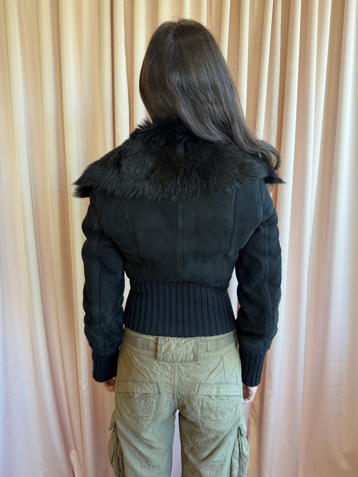 Patrizia Pepe Black Shearling Fur Cropped Bomber Jacket
