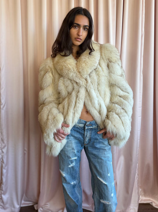 Vintage Cream Fox Fur Jacket Large Lapel Collar