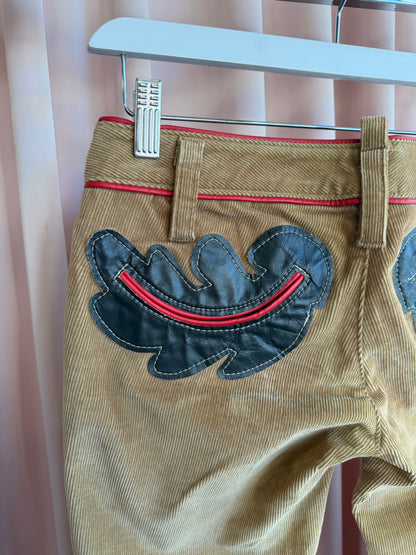Dsquared² F/W 2004 Tan Corduroy Low Rise Flare Pants Leather Appliqué