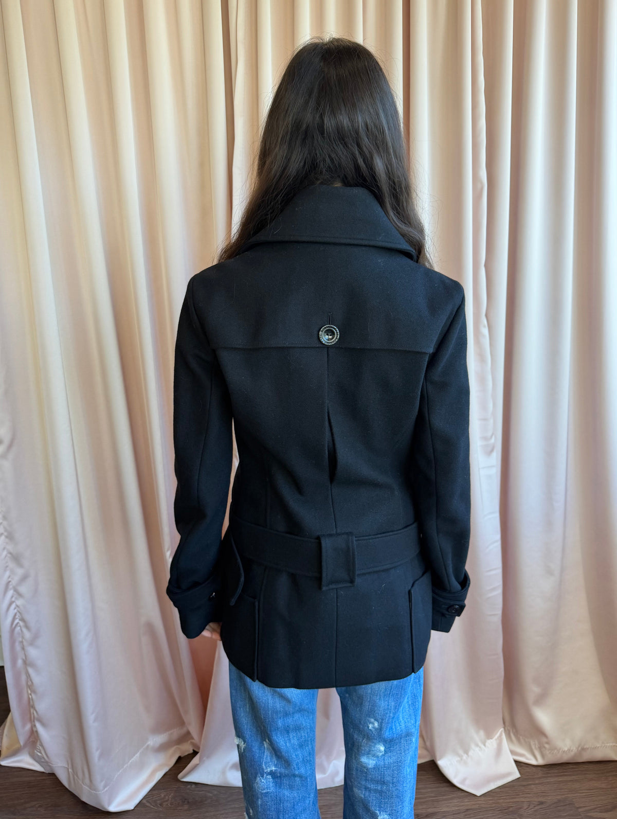 Patrizia Pepe Black Wool Double Breasted Belted Coat