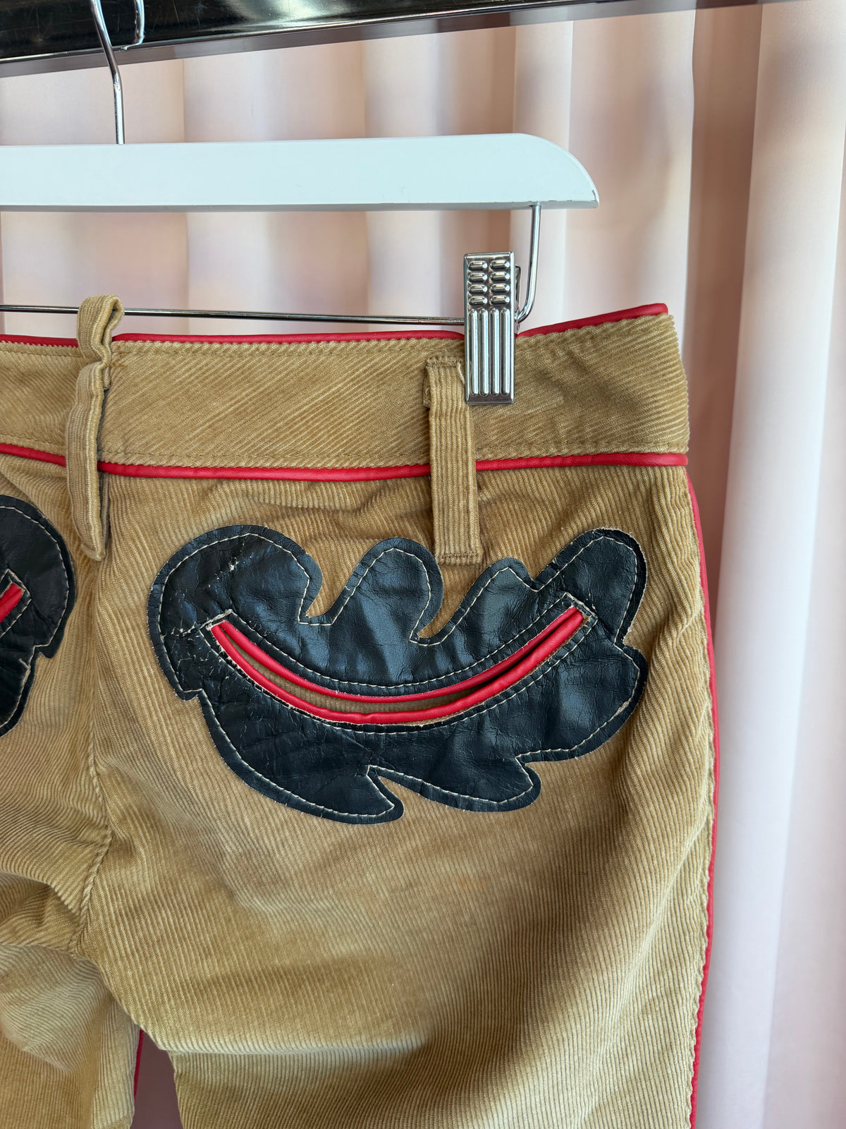 Dsquared² F/W 2004 Tan Corduroy Low Rise Flare Pants Leather Appliqué