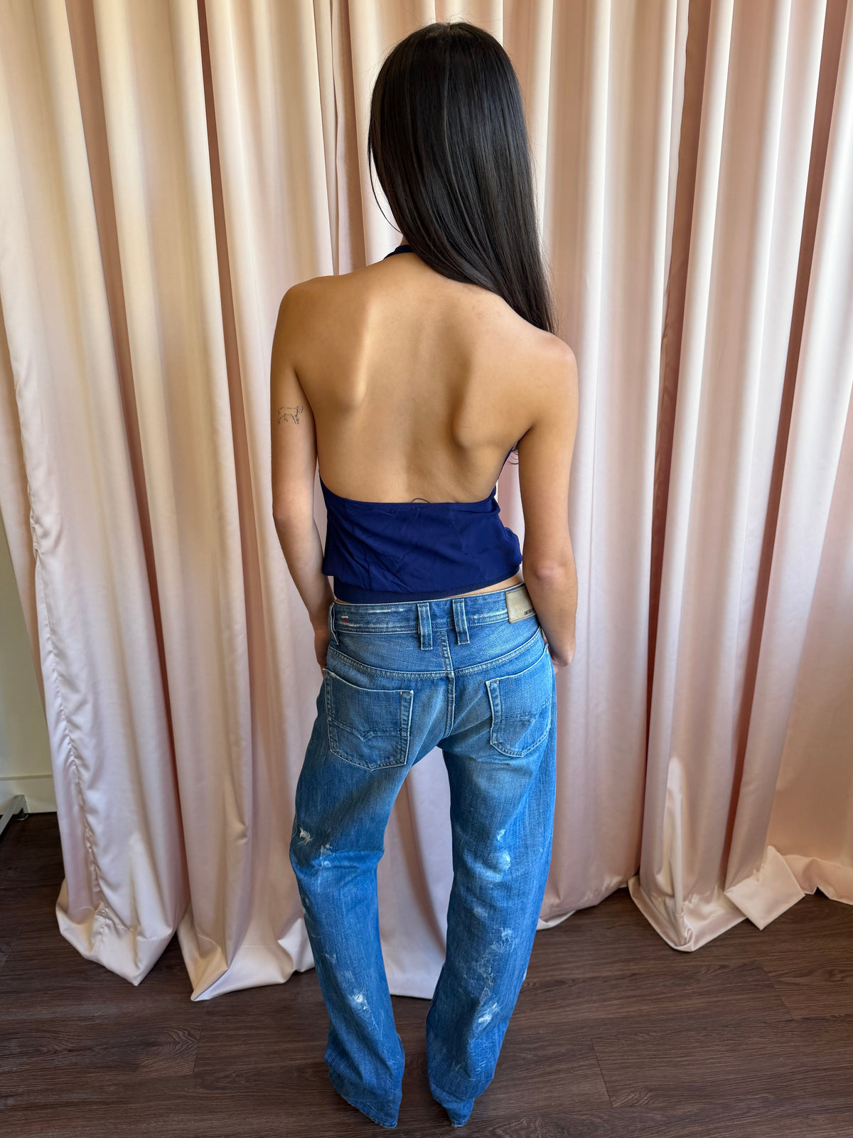 Costume National Navy Silk Deep V Halter Crop Top
