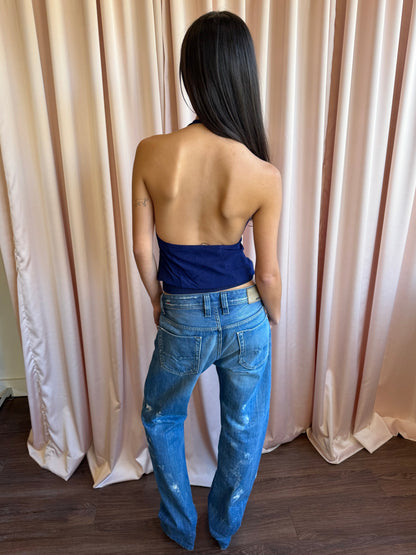 Costume National Navy Silk Deep V Halter Crop Top