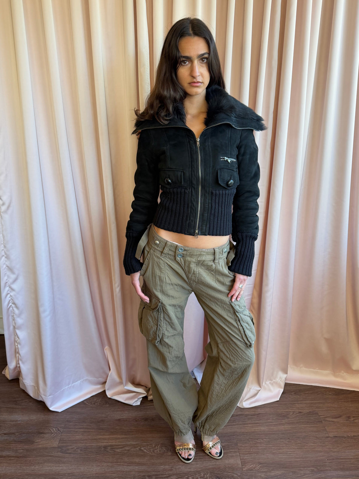 Patrizia Pepe Black Shearling Fur Cropped Bomber Jacket