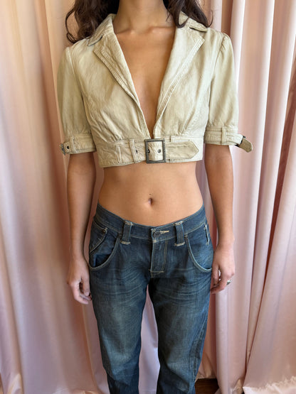 Paola Frani Cream Leather Cropped Short Sleeve Jacket