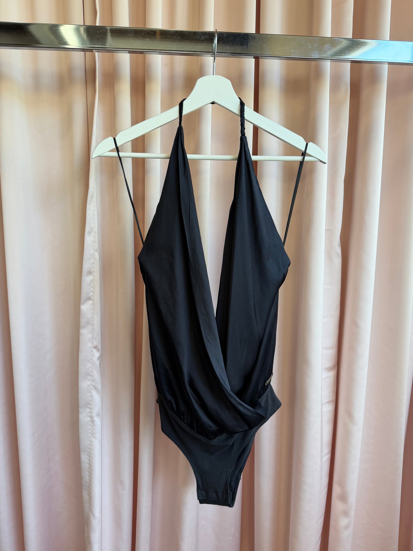 Black Silk Halter Bodysuit