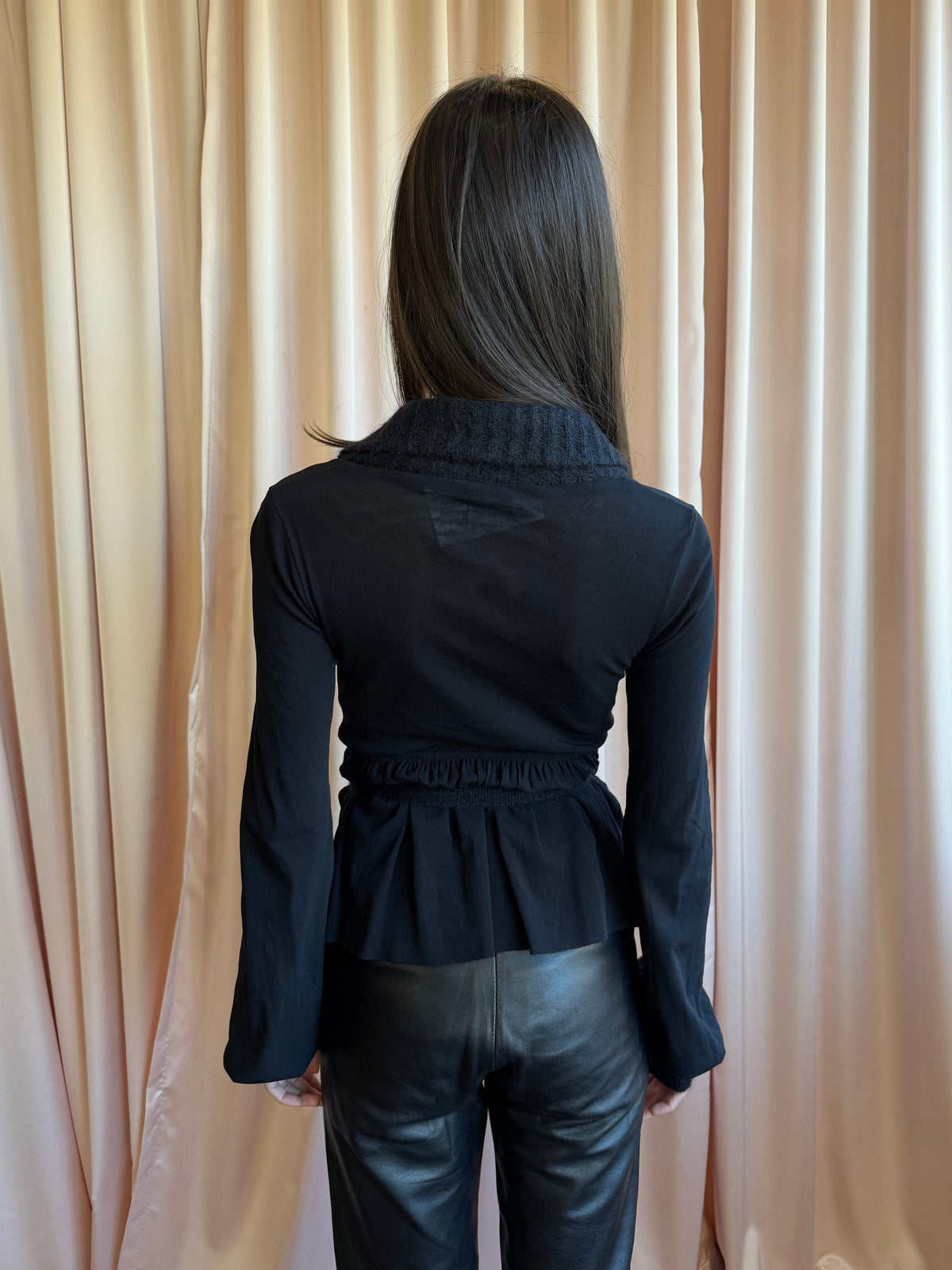 Paola Frani Black Mixed Media Knit Trim Belted Wrap Jacket