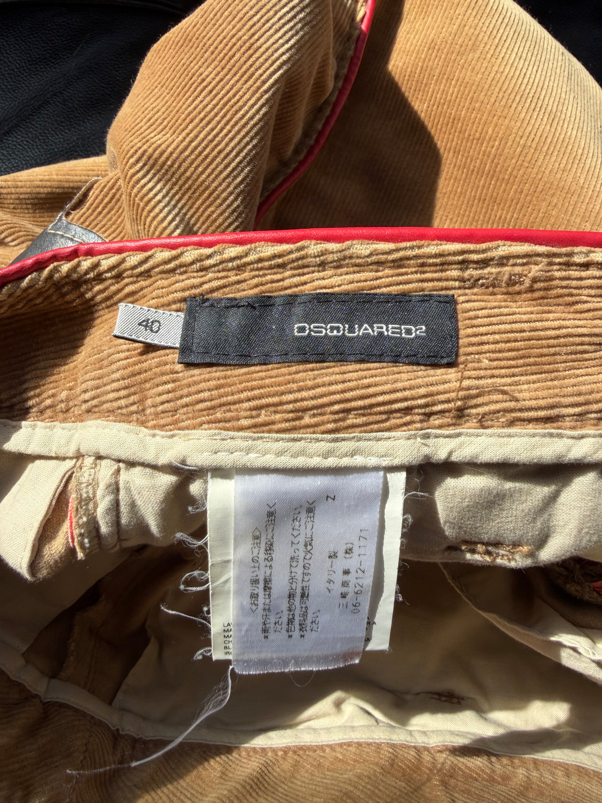 Dsquared² F/W 2004 Tan Corduroy Low Rise Flare Pants Leather Appliqué