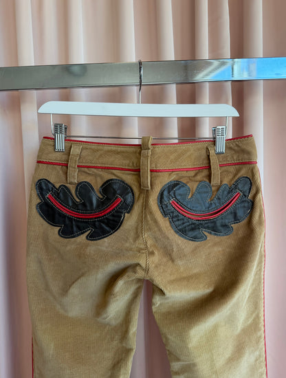 Dsquared² F/W 2004 Tan Corduroy Low Rise Flare Pants Leather Appliqué