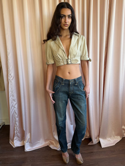 Paola Frani Cream Leather Cropped Short Sleeve Jacket