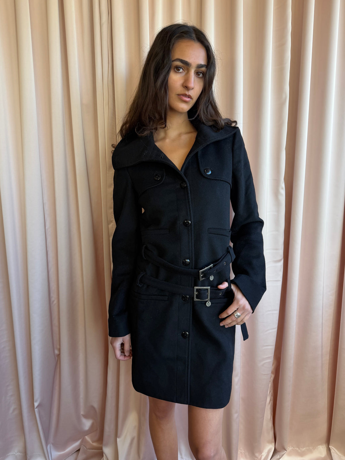 Patrizia Pepe Black Wool Single Breasted Double Belt Midi Coat