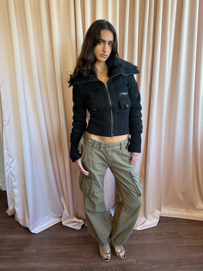 Patrizia Pepe Black Shearling Fur Cropped Bomber Jacket