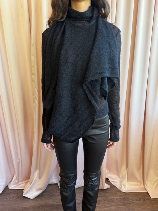 Plein Sud Black Sheer Wool Draped Wrap Sweater