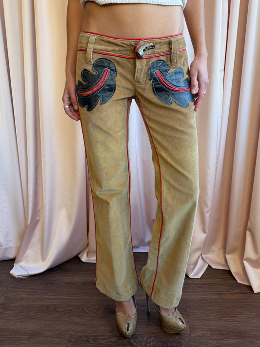 Dsquared² F/W 2004 Tan Corduroy Low Rise Flare Pants Leather Appliqué