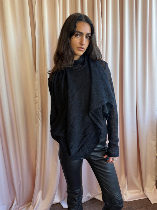 Plein Sud Black Sheer Wool Draped Wrap Sweater