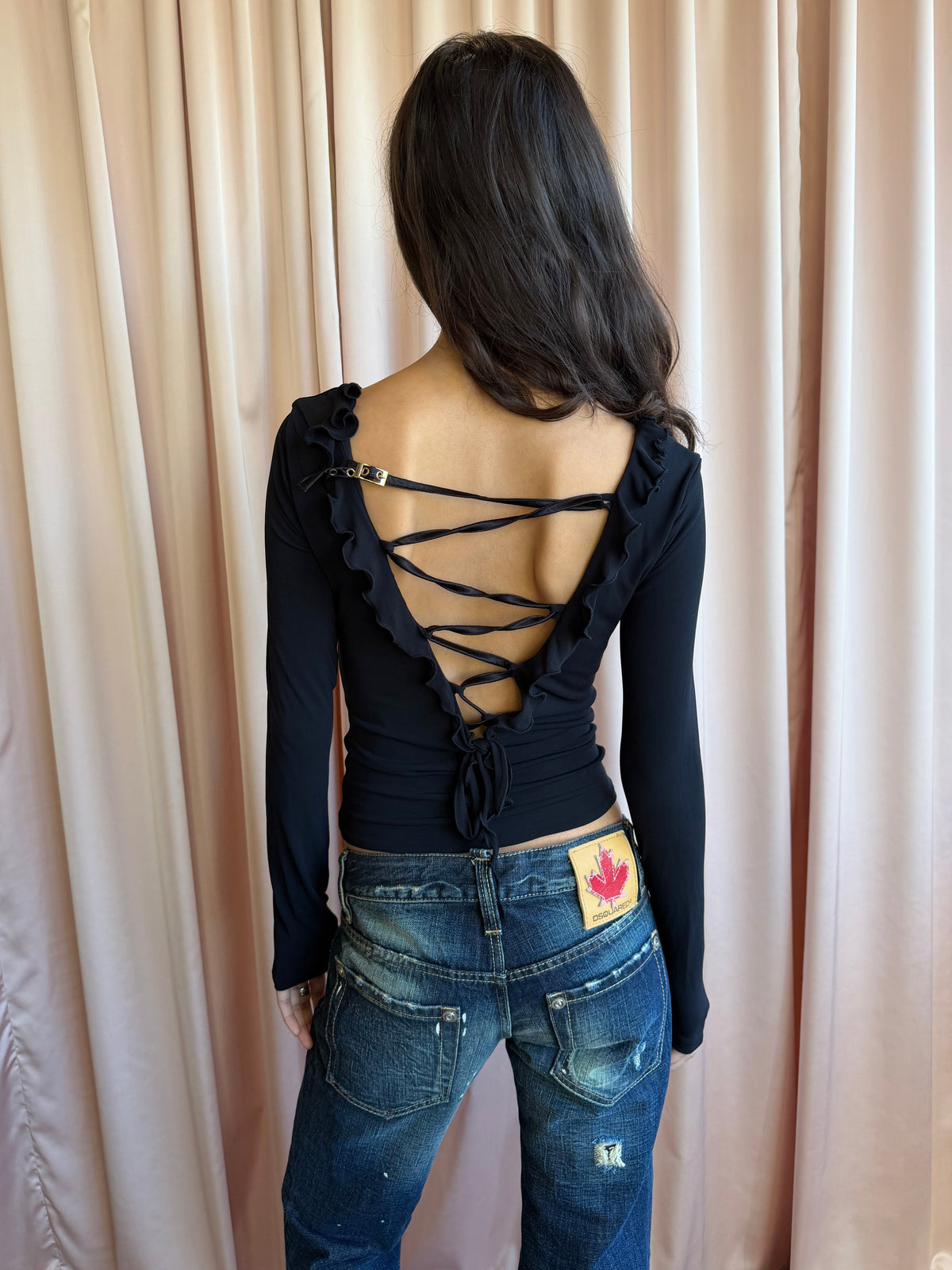 Versace Jeans Black Cowl Neck Lace Up Back Top