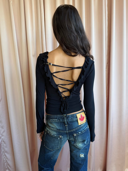 Versace Jeans Black Cowl Neck Lace Up Back Top