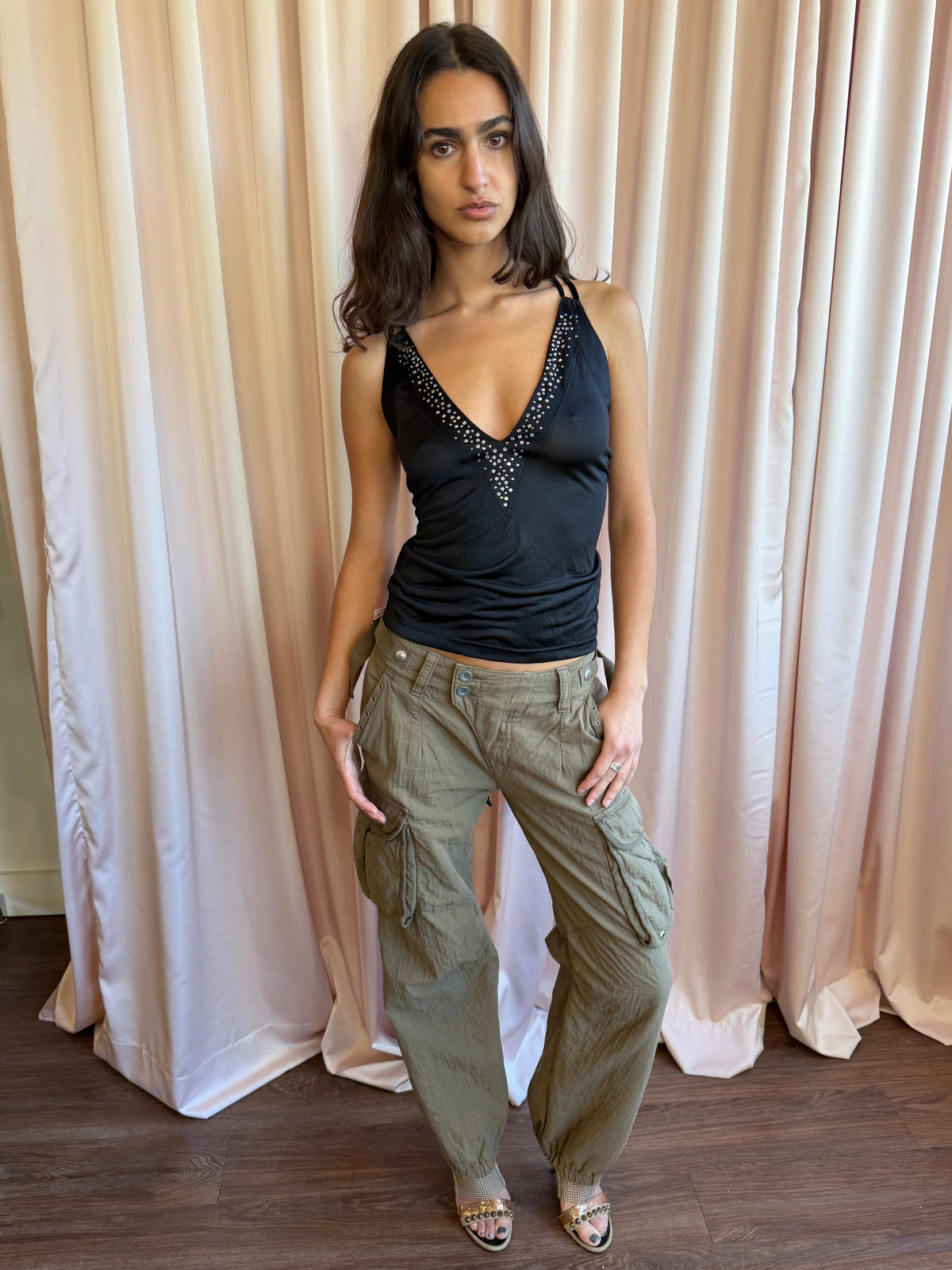 Patrizia Pepe Black Studded V Neck Cross Back Cami Top